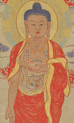 Tibetan thangka or devotional painting on silk depicting Gautama Buddha