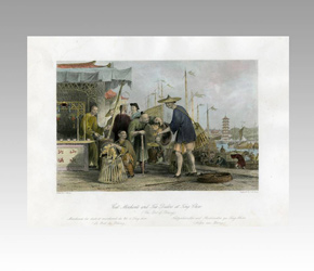 GHand-colored engraving by Thomas Allom titled, 'Cat Merchants & Tea Dealers' and dated 1843