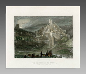 19th C. hand-colored engraving drawn by J.M.W. Turner titled, 'The Wilderness of Engedi'