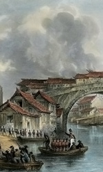 Detail of hand-colored engraving by Thomas Allom titled, 'West Gate of Ching Keang Foo' and dated 1843