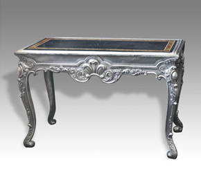 Carved teak wood and silver clad French style writing table with inlaid onyx and semi-precious stone top from Rajasthan, India