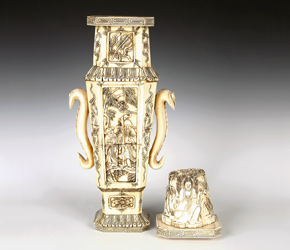 Bone vase depicting Quan Yin, the goddess of
            compassion, as well Shou-Lou