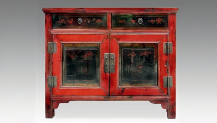 Chinese lacquered and painted elm wood cabinet