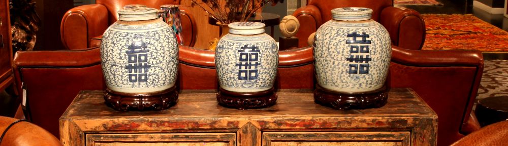 Qing Dynasty Blue and White Porcelain Ginger Jars gain greater presence when placed on fitted, carved wooden hard wood bases; PRIMITIVE 2nd Floor; December 2016