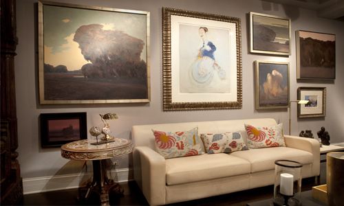 Paintings by noted artists Brian Sindler and Bob Meyer show how paintings by the same artist can gain prominence when hung in close proximity to each other; PRIMITIVE “One Raj Place” Showroom, Rear 2nd Floor; December 2016
