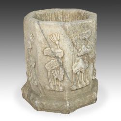 An ancient marble planter with a lotus motif might bring peace into any environment; PRIMITIVE I.D. #A1406-702