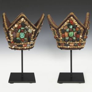 Ceremonial five-pointed crown with side attachments is part of a set including wrist cuffs and a shoulder surround; PRIMITIVE I.D. #A1500-318