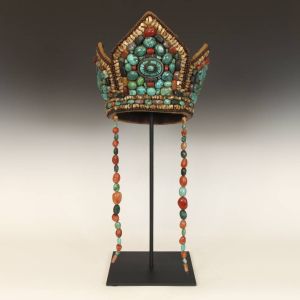 Ceremonial five-pointed crown with side attachments is part of a set including wrist cuffs and a shoulder surround; PRIMITIVE I.D. #A1500-318