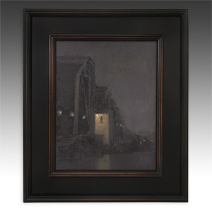 Steel Bridge nocturne painting by Brian Sindler, oil on board; PRIMITIVE I.D. #P1600-004