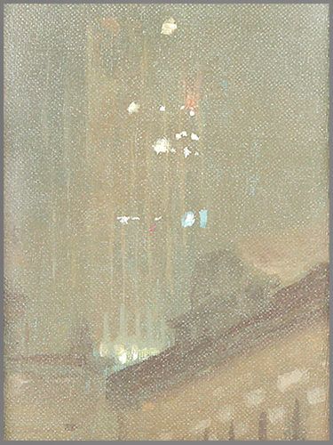 Chicago, Hazy Night nocturne painting by Brian Sindler, acrylic on board; PRIMITIVE I.D. #P1700-002