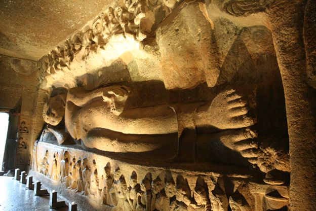 An example of early Indian temple ornamentation carved into the side wall of one of the Ajanata Caves