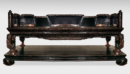 Early 19th C. opium bed on platform with scroll motif, Fujian Province, China
