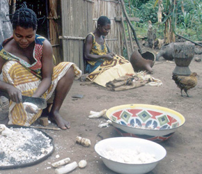 A Kuba woman shown weaving, a part of everyday domestic life