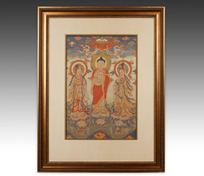 Tibetan thangka or devotional silk weaving depicting the original Buddha