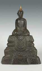 Laotian sculpture of Gautama Buddha composed of silver and gold over terra cotta