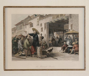 Hand-colored engraving by Thomas Allom titled, 'An Itinerant Barber at Work' and dated 1843