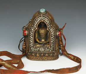 Copper and silver Gao or prayer box with with statue of Buddha