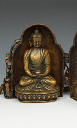 Copper and silver Gao or prayer box with inscription  with statue of Buddha