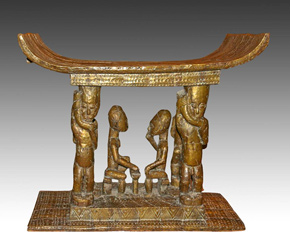 Brass-clad royal stool depicting ancient Ashanti proverb, 'Food is for the man who earns it, not for the hungry man,' from Ghana, West Africa