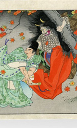 Japanese woodblock print depicting triumphant scene from the play Momijigari