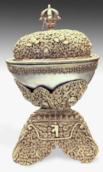 Kapala or Ritual Skull Vessel on gold and silver repousse stand from Kathmandu, Nepal