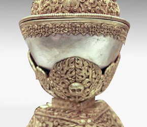 Kapala or Ritual Skull Vessel on gold and silver repousse stand from Kathmandu, Nepal