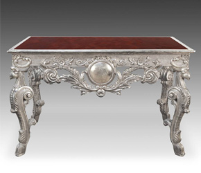 Carved teak wood and silver clad Rococo style writing table with inlaid jasper top from Rajasthan, India