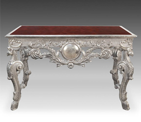 Carved teak wood and silver clad Rococo style writing table with inlaid jasper top from Rajasthan, India