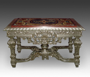 Carved teak wood and silver clad Rococo style side table with inlaid marble and semi-precious stone top from Rajasthan, India