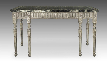 Carved teak wood and silver clad console with inlaid marble and semi-precious stone top from Rajasthan, India