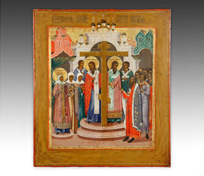 The Russian Orthodox Church uses a three barred cross, shown here in this painted wood icon