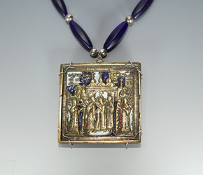 Russian beaded necklace with plaque icon depicting The Crowning of Christ