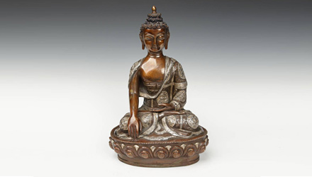 Copper and silver Buddha gesturing the Bumisparsa mudra