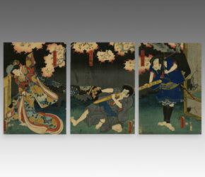 Princess and Ghostly Priest, woodblock print triptych by Utagawa Kunisada