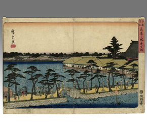 Coastal View with Bridge, woodblock print by Hiroshige