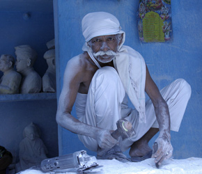 A Makrana stone carver near the quarries in Makrana, India