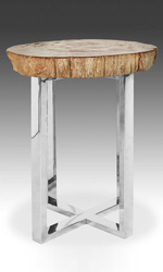 Petrified wood side table with stainless steel base