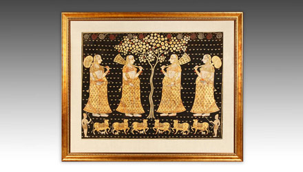 Pichvai depicting attendants awaiting Krishna at sacred tree