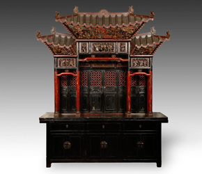 Altar with canopy top over cabinet with 3 drawers