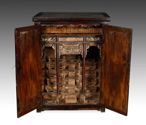 18th C. elm wood altar in cabinet with 2 doors