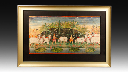 A large, rare Pichvai illustrating Gopi convening with cow herders and sacred cows