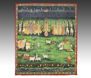 Pichvai, or devotional painting, depicting Krishna at Mount Govardhan Pichvai, or devotional painting, depicting Krishna at Mount Govardhan