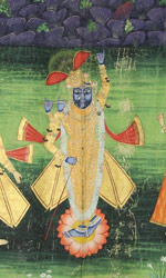 This monumental Pichvai shows Krishna lifting the mountain with his finger to protect all the village's inhabitants This monumental Pichvai shows Krishna lifting the mountain with his finger to protect all the village's inhabitants