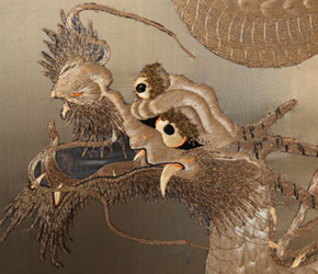 Floating Dragon Floor Screen, embroidered on golden silk Floating Dragon Floor Screen, embroidered on golden silk
