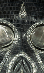 This bag is meticulously crafted in lizard leather with sterling silver and abalone eyes