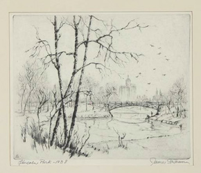 Etching by artist James Swann titled, 'Lincoln Park - 1938'