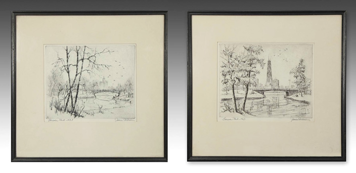 Pair of etching by Artist James Swann of Lincoln Park, 1938 and 1969