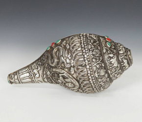 Nepalese ceremonial conch shell trumpet covered in silver, turquoise and coral