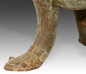 Benin bronze figurative vessel with mudfish feet