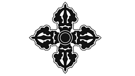 On the face are three central medallions which represent stylized double dorjes, one of the premier symbols in Tibetan Buddhism